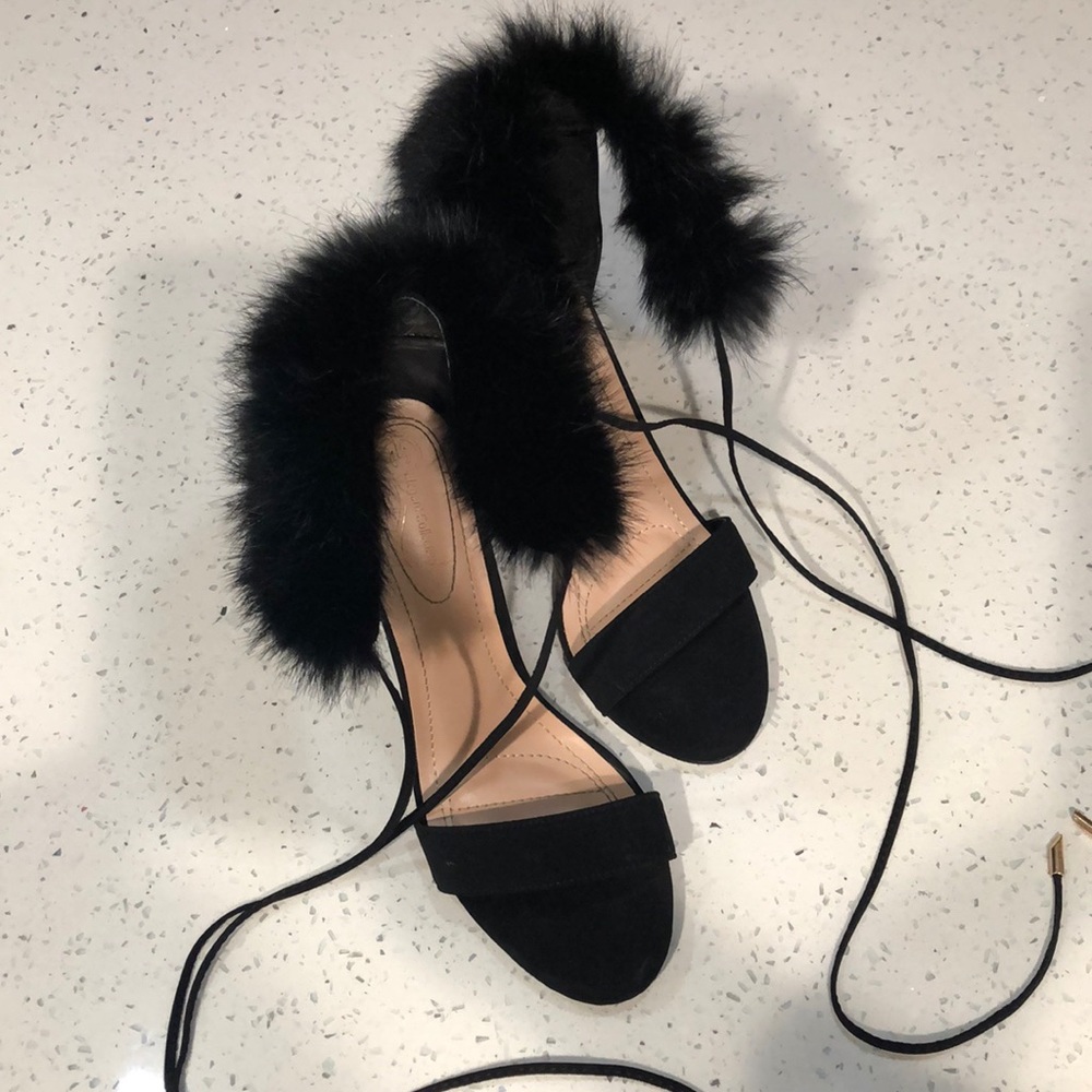 Black Fur Ankle Strap Sandals Open Toe Stiletto